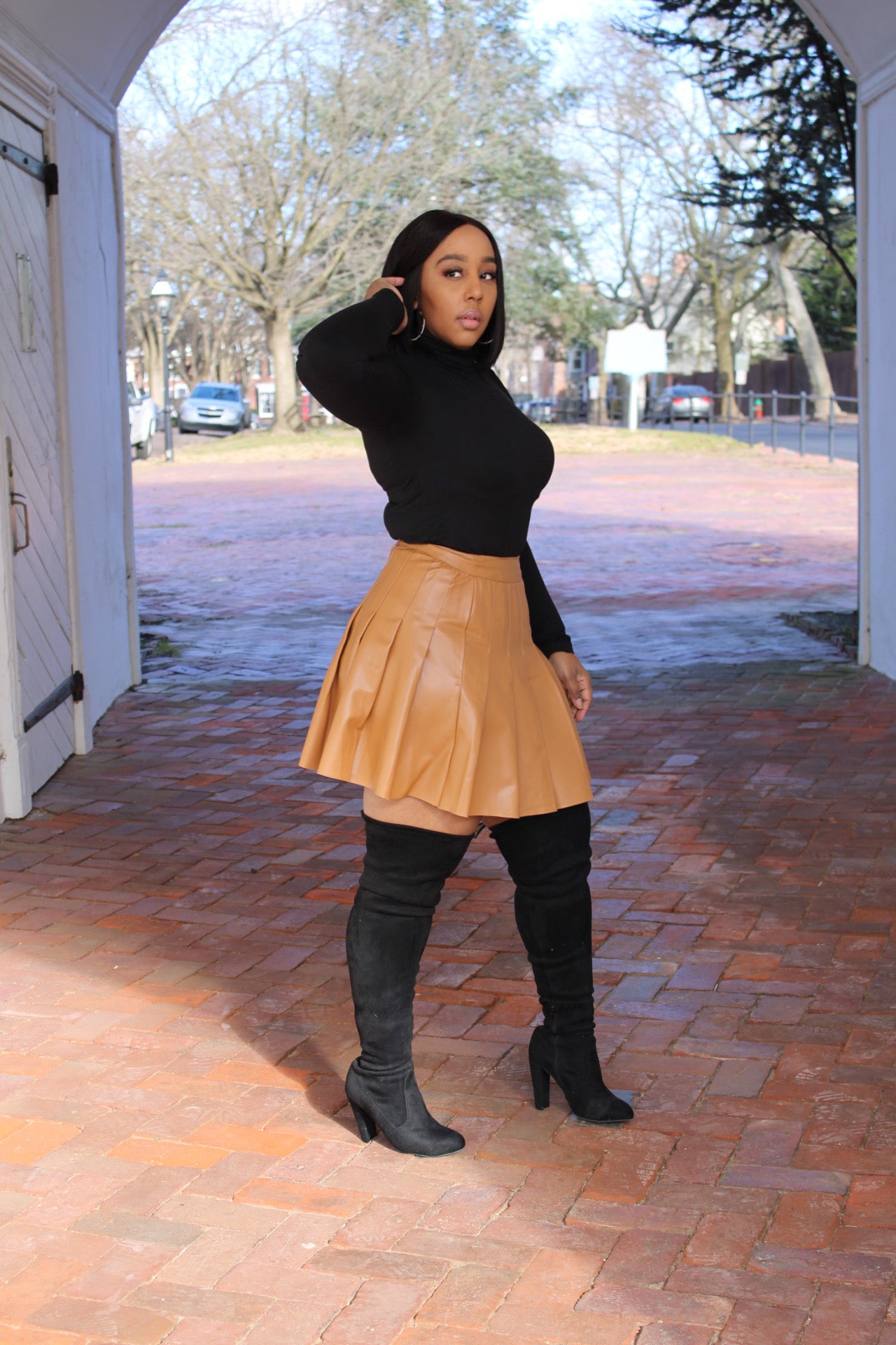 Camel Pleated Faux Leather Skirt